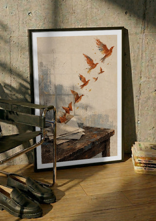 Things We Never Mailed by Matthews Gallerie in a black frame leaning against a concrete wall by a steel chair