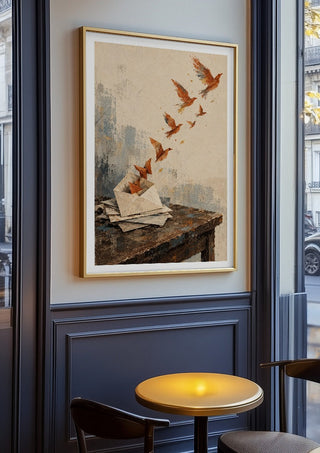Things We Never Mailed by Matthews Gallerie in an oak frame on a panelled café wall