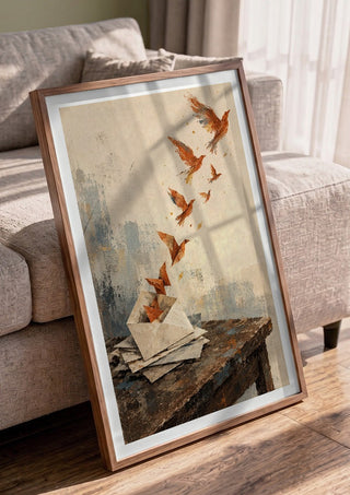 Things We Never Mailed by Matthews Gallerie in a walnut frame leaning against a grey sofa
