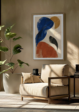 The Shape of Silence by Matthews Gallerie framed above a beige armchair beside a potted plant