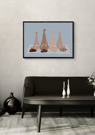 Girls at the beach by Lisen Vennesland in a black frame above a dark sofa with candlesticks and a vase