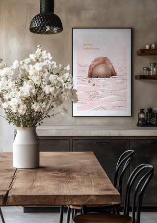 Maybe tomorrow by Lisen Vennesland in a black frame above a rustic table with white flowers