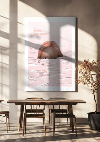 Maybe tomorrow by Lisen Vennesland hanging above a wooden dining table in warm sunlight