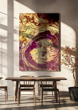 Plum Bloom by Da Winters hanging above a wooden dining table in warm sunlight