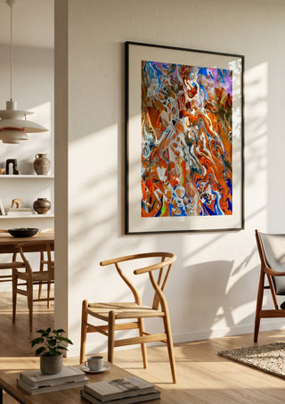 Ember Current by Da Winters in a black frame in a bright dining room with wooden chairs
