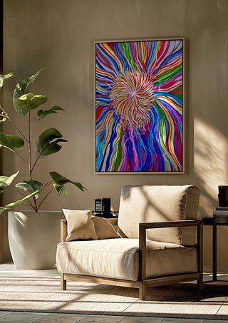 Rainbow Spin by Da Winters framed above a beige armchair beside a potted plant