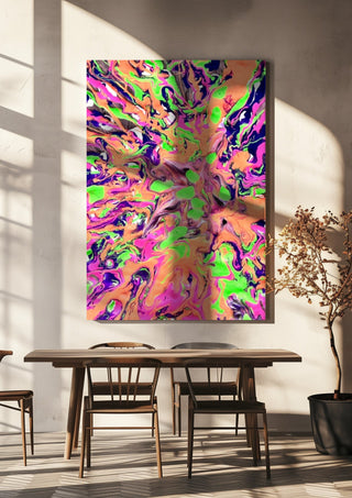 Neon Bloom by Da Winters hanging above a wooden dining table in warm sunlight