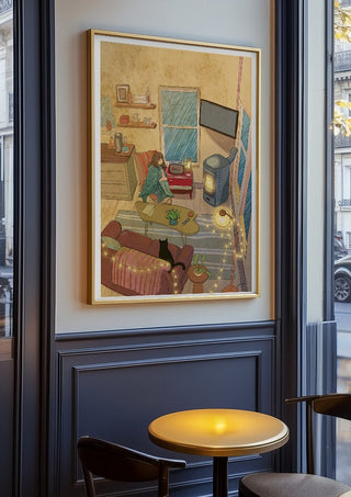 Evening by Nina Broen in an oak frame on a panelled café wall