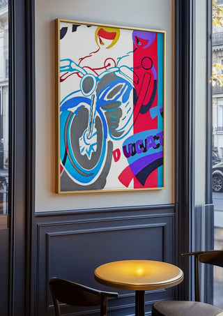 Homage to ducati by NKo in an oak frame on a panelled café wall
