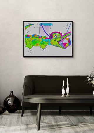 Crocodile rock by NKo in a black frame above a dark sofa with candlesticks and a vase