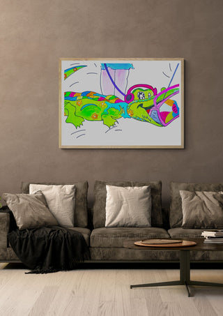 Crocodile rock by NKo in a light wood frame above a grey sofa with cushions