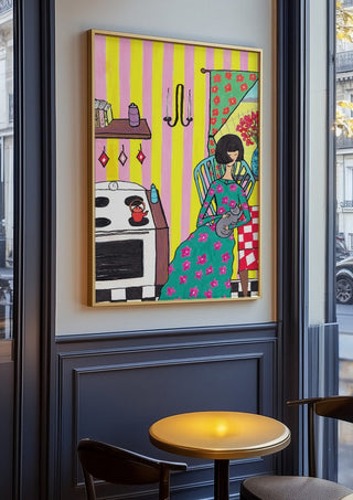 Afternoon with the Cat by Camilla Nilsson in an oak frame on a panelled cafe wall