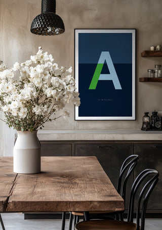 A as in Awesome – Blue by Quite Nice Prints in a black frame above a rustic table with white flowers