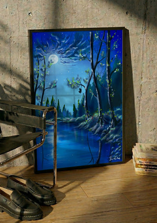 moonlight by Sofia de Lemos in a black frame leaning against a concrete wall by a steel chair