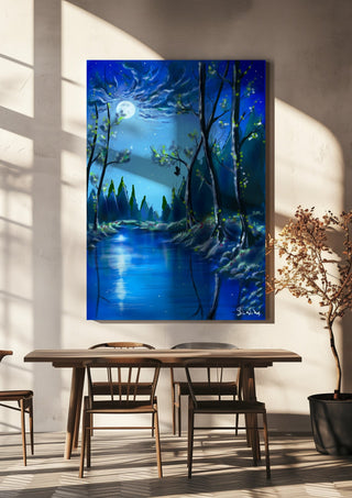 moonlight by Sofia de Lemos hanging above a wooden dining table in warm sunlight