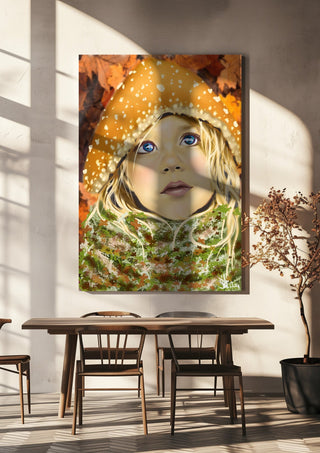 mushroom boy by Sofia de Lemos hanging above a wooden dining table in warm sunlight