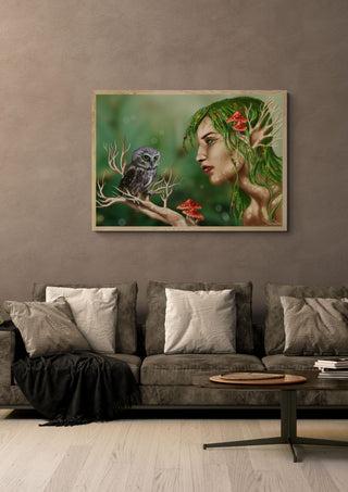 faery tree by Sofia de Lemos in a light wood frame above a grey sofa with cushions