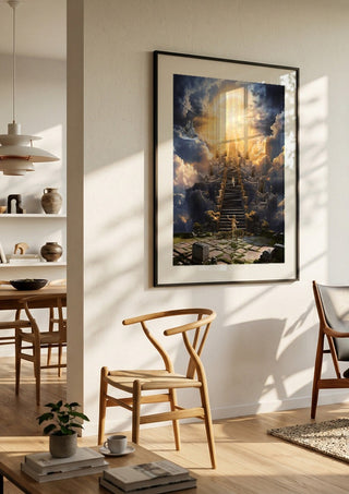 the fool by Sofia de Lemos in a black frame in a bright dining room with wooden chairs