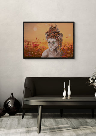 lion woman by Sofia de Lemos in a black frame above a dark sofa with candlesticks and a vase