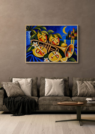 Bittersweet Symphony by Andreas Gerlach in a light wood frame above a grey sofa with cushions