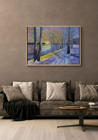 Late Afternoon in Winter by Finbar Stevens in a light wood frame above a grey sofa with cushions