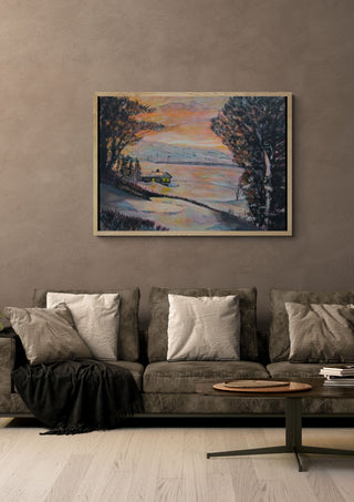 A Winter Retreat by Finbar Stevens in a light wood frame above a grey sofa with cushions