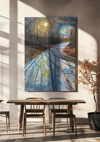 Shadows of the Day by Finbar Stevens hanging above a wooden dining table in warm sunlight