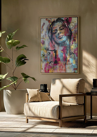 Sehnsucht by Anke Fillies framed above a beige armchair beside a potted plant