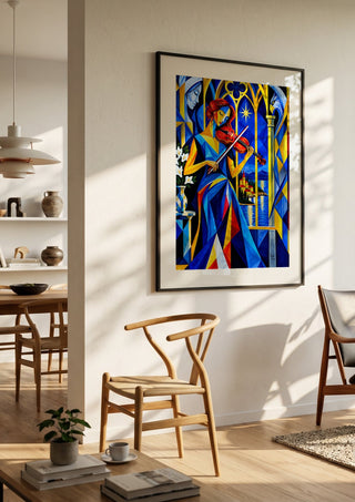 The Violinist at the Window by Andreas Gerlach in a black frame in a bright dining room with wooden chairs