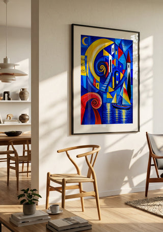 Echo of Times by Andreas Gerlach in a black frame in a bright dining room with wooden chairs