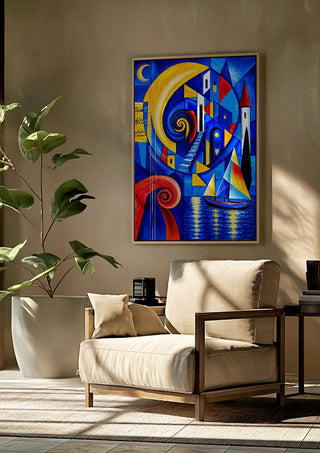 Echo of Times by Andreas Gerlach framed above a beige armchair beside a potted plant