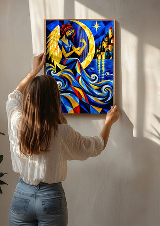 Luna by Andreas Gerlach being hung on a sunlit wall