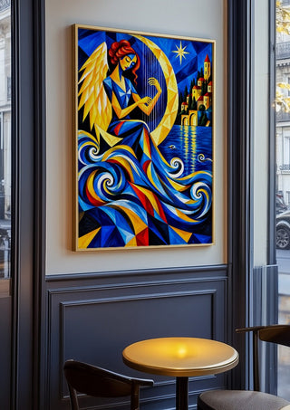 Luna by Andreas Gerlach in an oak frame on a panelled cafe wall