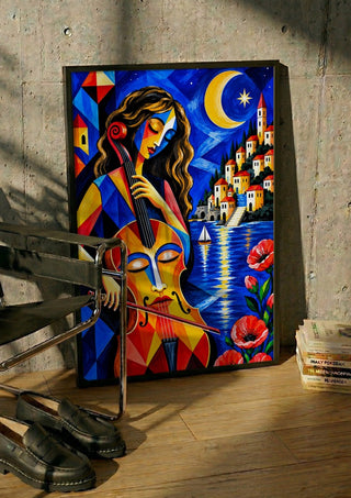 Melody of the Blue Night by Andreas Gerlach in a black frame leaning against a concrete wall by a steel chair