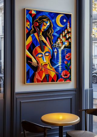 Melody of the Blue Night by Andreas Gerlach in an oak frame on a panelled cafe wall