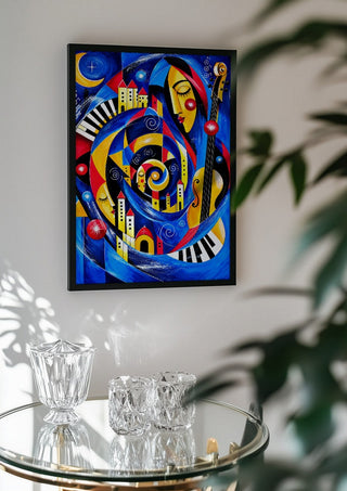 Symphony of Dreams by Andreas Gerlach in a black frame above a glass table with crystal glassware