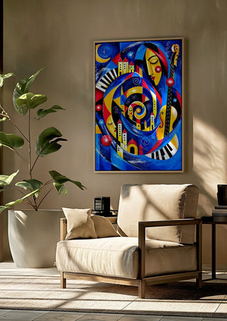 Symphony of Dreams by Andreas Gerlach framed above a beige armchair beside a potted plant