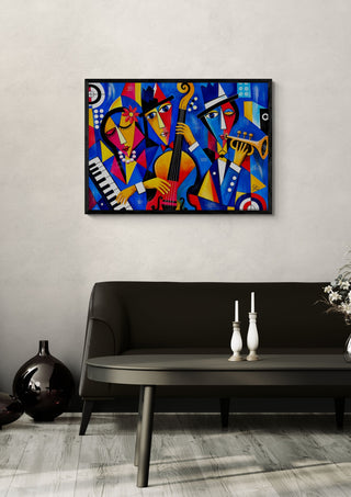Midnight Jazz Ensemble by Andreas Gerlach in a black frame above a dark sofa with candlesticks and a vase