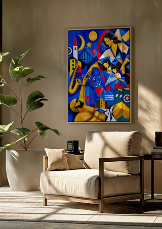 The Divine Touch by Andreas Gerlach framed above a beige armchair beside a potted plant