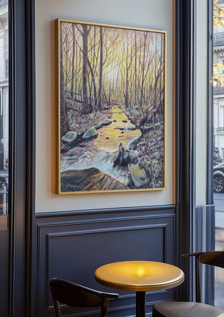 The Evening Stream by Finbar Stevens in an oak frame on a panelled cafe wall