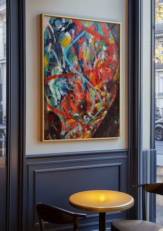 Spiral, the code of life. by António D'Albuquerque in an oak frame on a panelled cafe wall