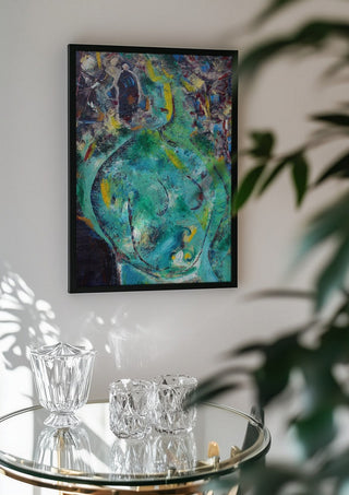 Belly of the Sea by António D'Albuquerque in a black frame above a glass table with crystal glassware
