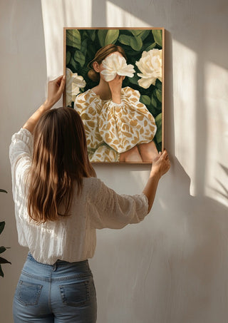 Behind the Peony by Martina Karlsson being hung on a sunlit wall