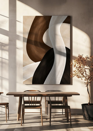 Dune and Shadow by Martina Karlsson hanging above a wooden dining table in warm sunlight