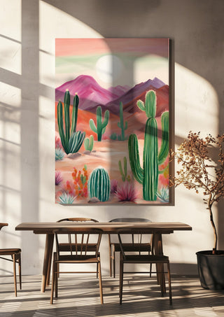 Cactus desert by Ohkimiko hanging above a wooden dining table in warm sunlight