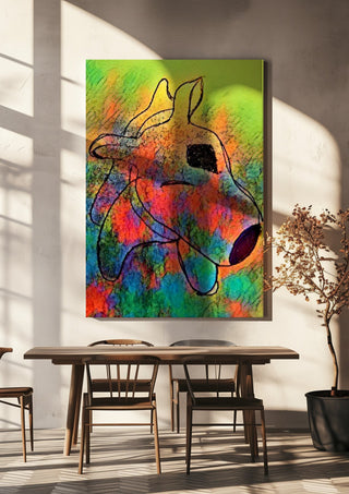 Color Pitbull by Nittaart hanging above a wooden dining table in warm sunlight
