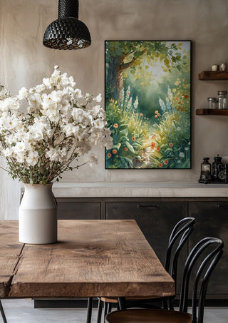 Secret garden by Ohkimiko in a black frame above a rustic table with white flowers