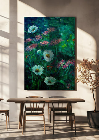White Daisies and Yarrow by Svetla Stoyanova Bassi hanging above a wooden dining table in warm sunlight