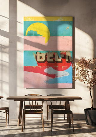 BEL-M by Kareem Rizk hanging above a wooden dining table in warm sunlight