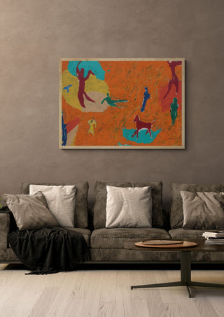 Constellation of Fire by António D'Albuquerque in a light oak frame above a grey sofa on a warm brown wall
